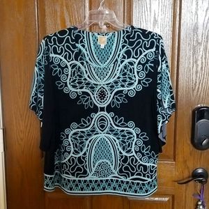 JM 1X Blouse Black and Turquoise w "batwing" Sleeves